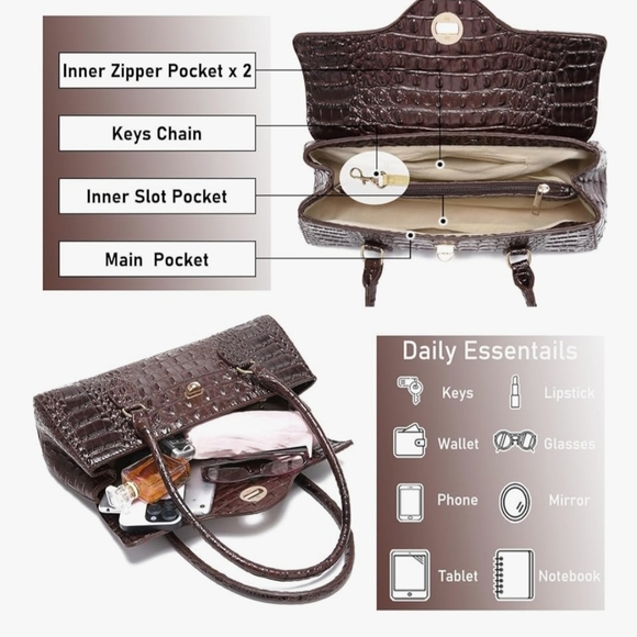 Dark Brown Crocodile Textured Shoulder Bag with Structured Design - Picture 5 of 7